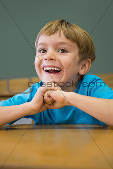 Happy pupil sitting at desk in classroom