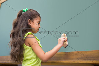 Cute pupil standing in classroom dusting chalkboard