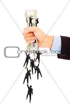 group of business people climbing the us dollar currency