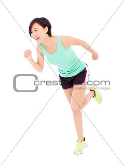 happy young woman runner isolated on white background