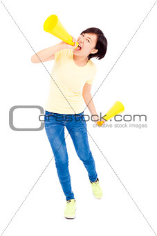 happy student girl holding megaphone over white background