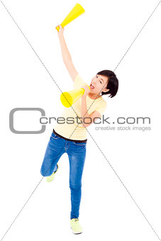 young student girl holding megaphone over white background