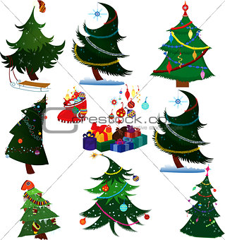 Cartoon Christmas trees with presents