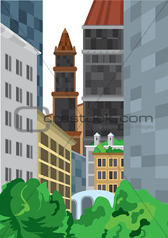 Cartoon tall buildings near green bushes