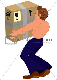 Cartoon topless man holding big box back view