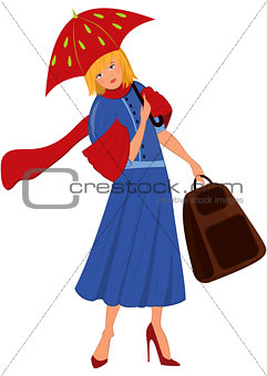 Cartoon woman in blue coat with red umbrella