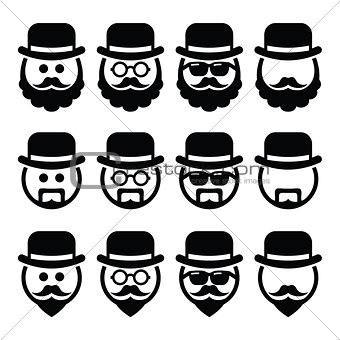 Man in hat with beard and glasses icons set