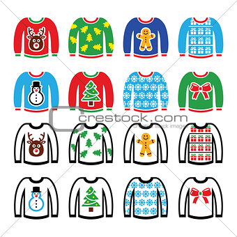 Ugly Christmas sweater on jumper icons set