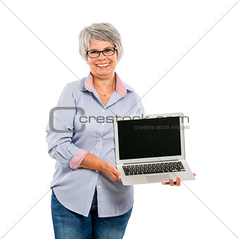 Elderly woman showing something on a laptop