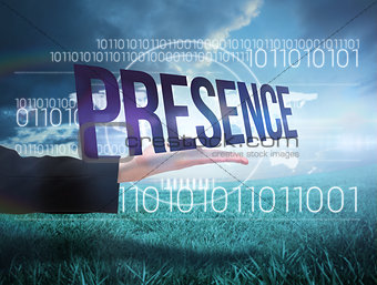 Businesswomans hand presenting the word presence