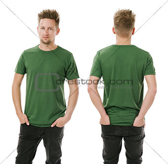 Man posing with blank green shirt