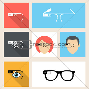 Smart glasses square seven icons in flat design