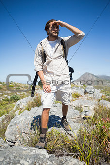 Handsome hiker standing at the summit looking around