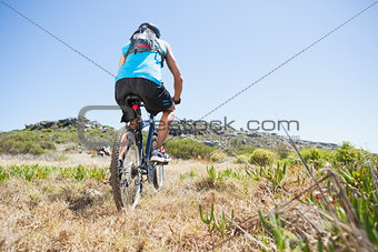 Fit cyclist riding in the countryside uphill