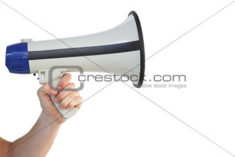 Mans hand holding a megaphone