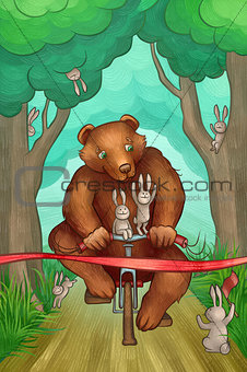 bear is racing on bicycle in the forest