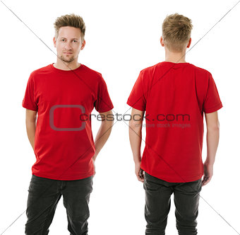 Man posing with blank red shirt