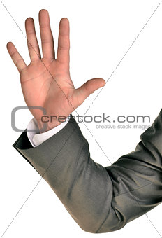 Businessman in suit shows five fingers