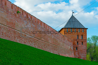 red brick wall of the Kremlin and the tower. Veliky Novgorod, Ru