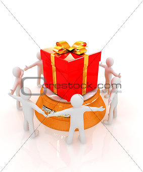 3d man around red gift with gold ribbon