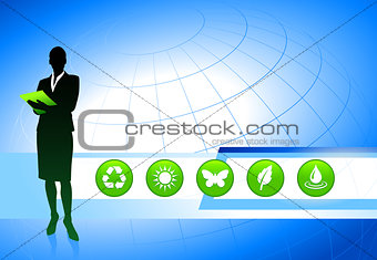 Businesswoman on Business Background with Nature Buttons