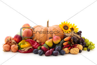 Autumnal fruits and vegetables isolated on white.