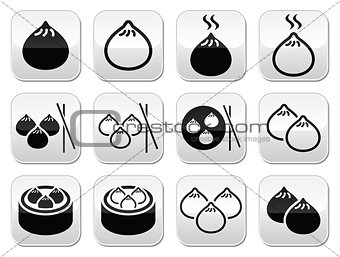 Chinese dumplings, Asian food Dim Sum vector buttons set