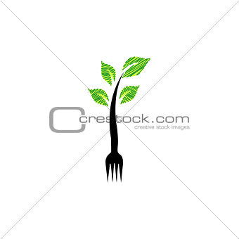 Fork with green leaves- Logo for organic food