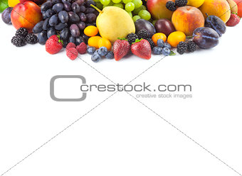 Border of different fruits isolated on white 
