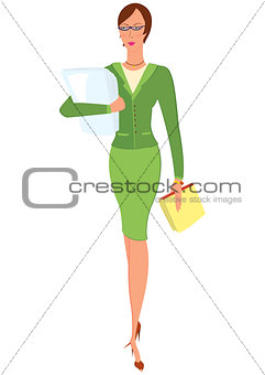 Cartoon woman in green suit holding papers