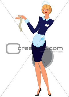 Cartoon woman in white apron and blue uniform holding tray