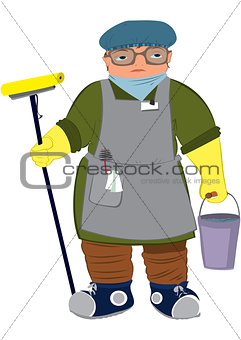 Cartoon woman in yellow gloves  with floor mop