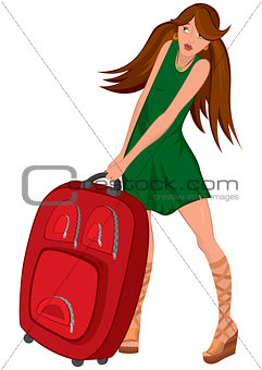Cartoon young woman green dress and red suitcase