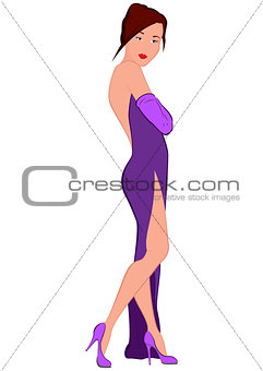 Cartoon young woman in purple evening dress with open back