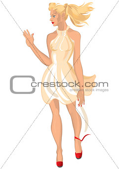 Cartoon young woman with blond hair and red shoes