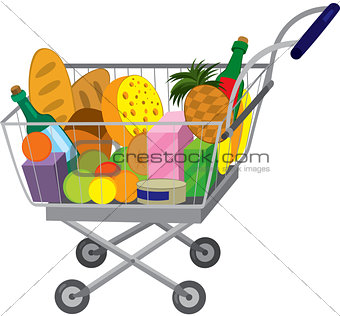 Grocery store shopping cart with food items