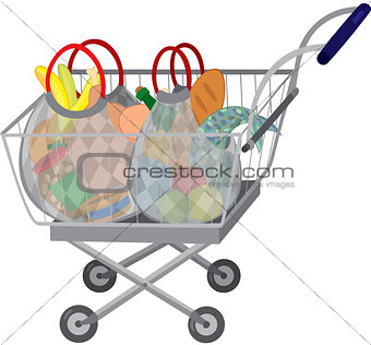 Grocery store shopping cart with full bags