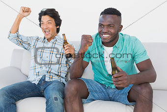Soccer fans cheering while watching tv