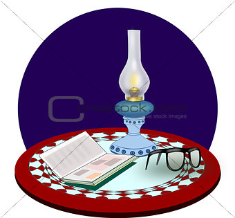 Kerosene Lamp, Book and Glasses.