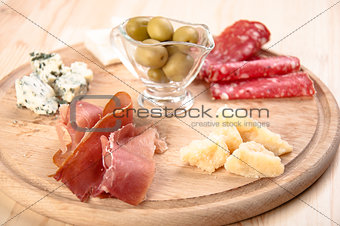 Italian antipasto with ham, olive, cheese, and salami