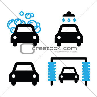 Car wash icons black and blue set - vector