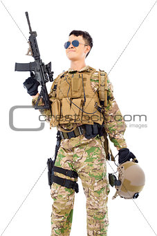 Soldier raising up rifle or sniper with white background