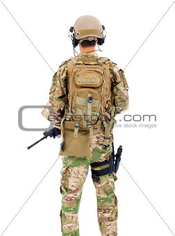 back view of soldier with rifle or sniper over white background