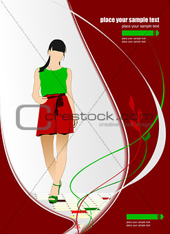 Red  floral background with girl image. Vector illustration