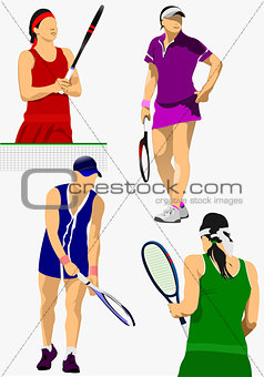 Collection of woman tennis players. Colored Vector illustration 