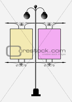 Old style iron street lamps with a sign for advertising. Vector 