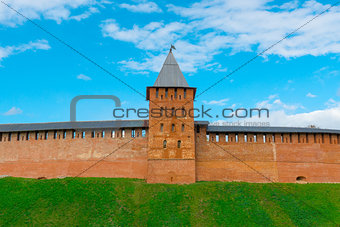 tower and wall of Novgorod Kremlin's redbrick
