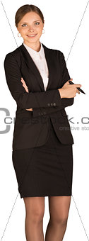 Beautiful girl in business suit holding pen 