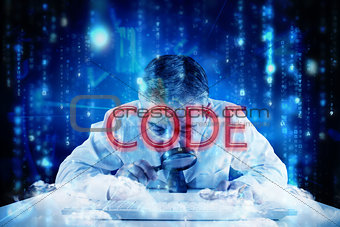 Code against lines of blue blurred letters falling