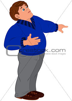 Cartoon man in blue sweater with finger